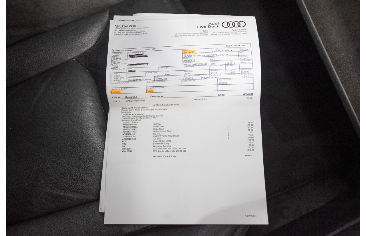 7/2016 Audi Q7 3.0 TDI Quattro (AWD) 4M MY17 4D Wagon Floret Silver Metallic Turbo Diesel V6 (160kw) 3.0L - 7 seater