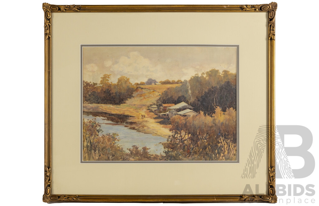 John H(argrave) Hodgson, (19/20th Centuries, Australian, 1870-1938), on the Nambucca (1928), Wonderful Original Antique Watercolour, 66 X 77 Cm (frame)