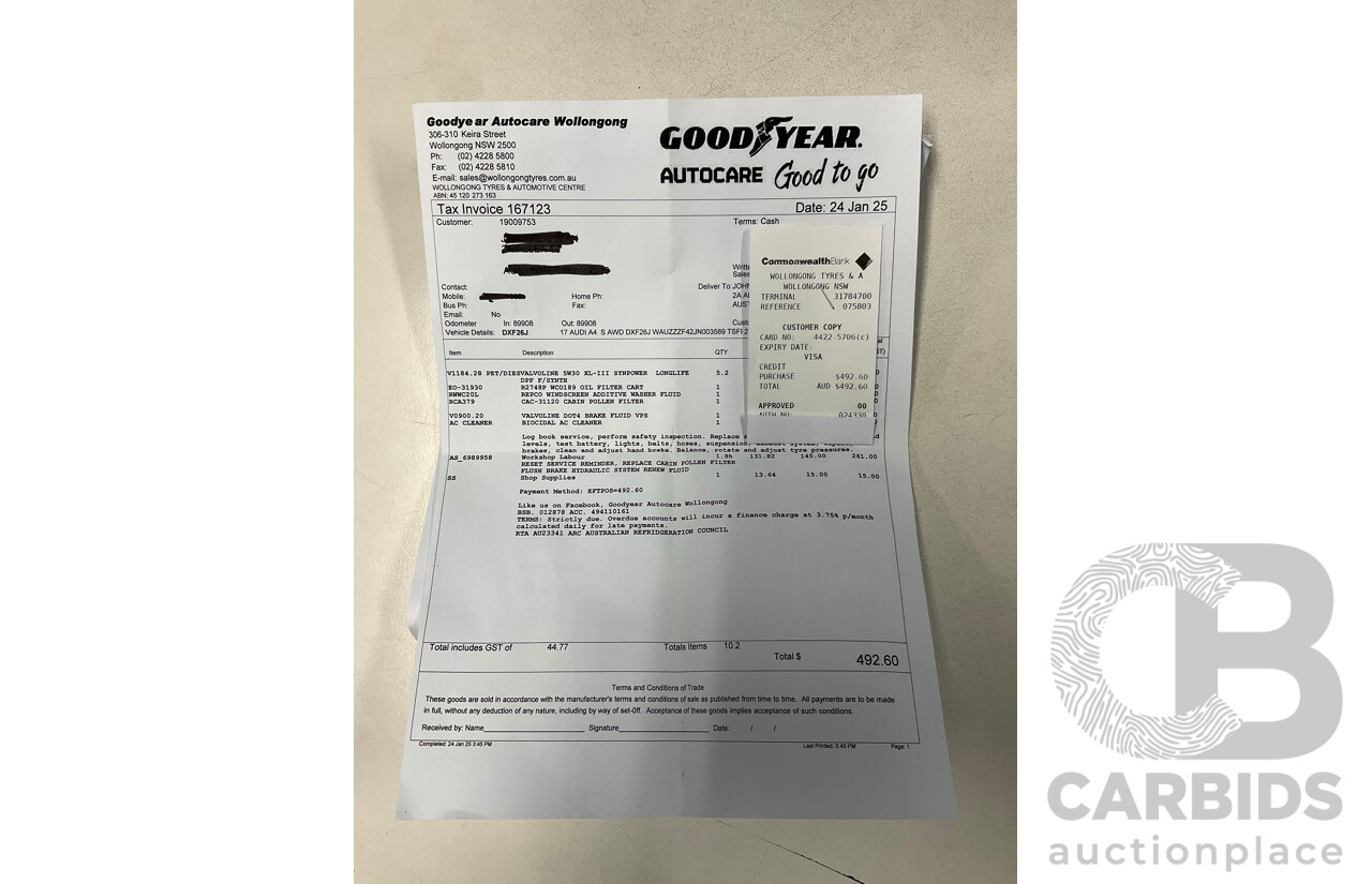 01/2018 Audi A4 2.0 TFSI Quattro S-Line LN (AWD) F4 MY18 (B9) 4d Sedan Ibis White Turbo 2.0L