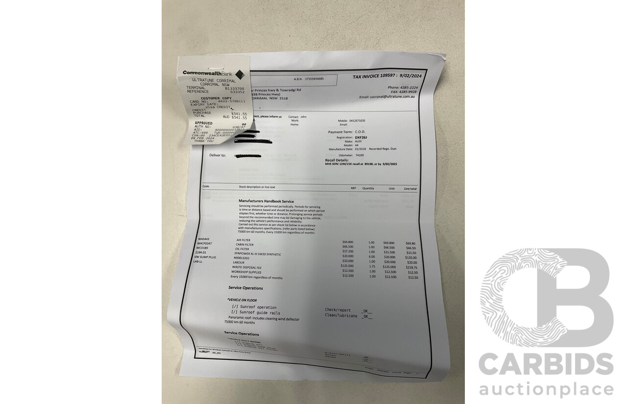 01/2018 Audi A4 2.0 TFSI Quattro S-Line LN (AWD) F4 MY18 (B9) 4d Sedan Ibis White Turbo 2.0L