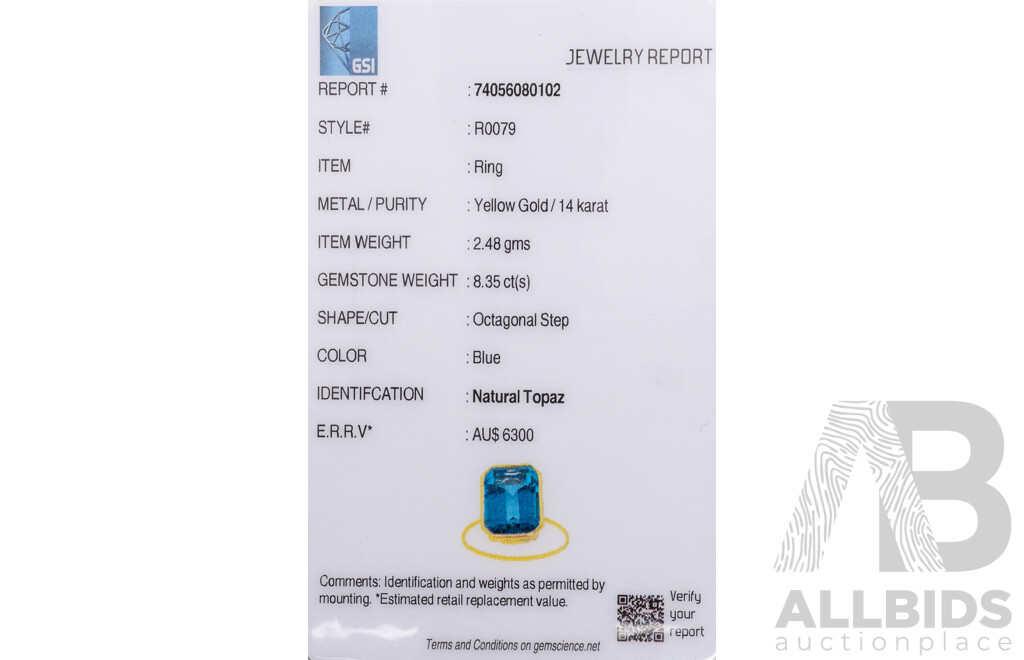 14ct Yellow Gold Natural London Blue Topaz Ring with Valuation - Size N.5