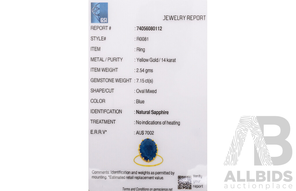 14ct Yellow Gold Natural Unheated, Untreated Sapphire Ring with Valuation - Size L.5