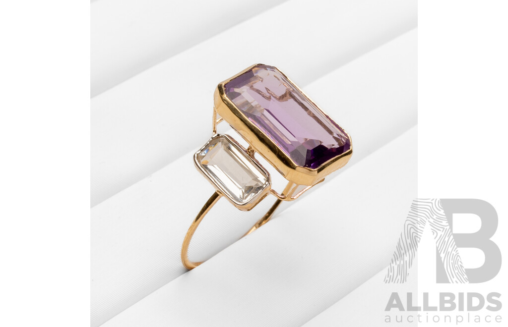 14ct Yellow Gold Natural Amethyst / Natural White Topaz Ring with Valuation - Size O