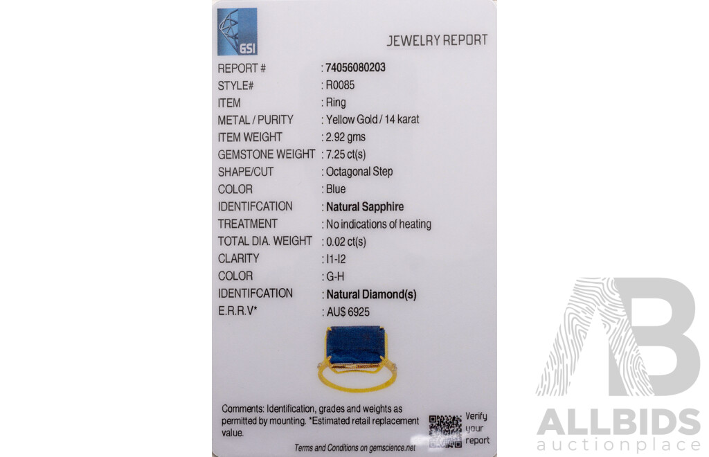 14ct Yellow Gold Natural Unheated, Untreated Sapphire & Diamond Ring with Valuation - Size N.5