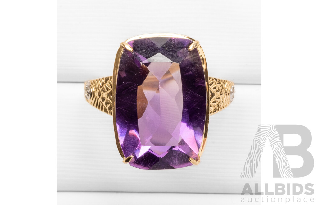 14ct Yellow Gold Natural Amethyst & Diamond Ring with Valuation - Size L