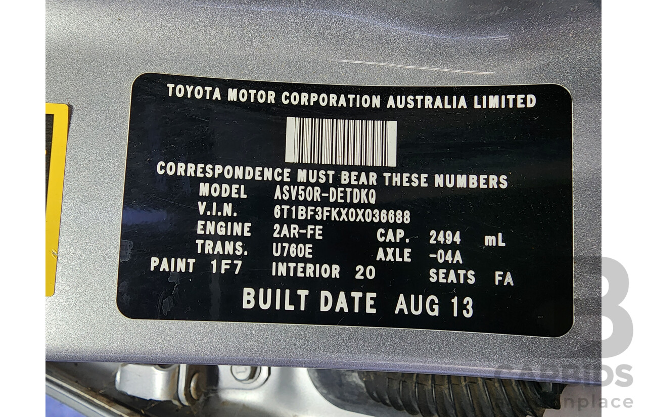 8/2013 Toyota Camry Altise ASV50R 4d Sedan Silver 2.5L
