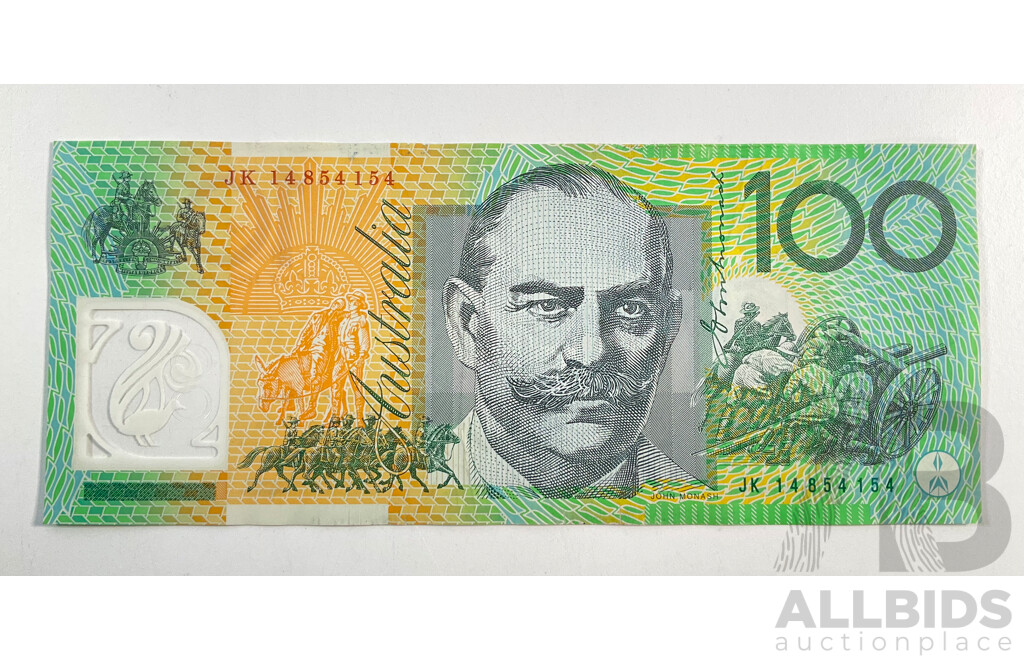 Australian 2014 One Hundred Dollar Note, Stephens/Parkinson R622bl, Last Prefix JK 14854154