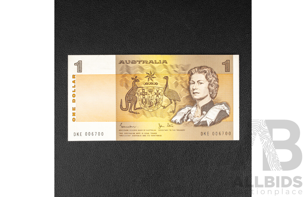 Australian 1982 UNC One Dollar Error Note, Johnston/Stone R78, Intaglio Error, Lacking Ink on Lower Half of Aboriginal Art, DKE 006700
