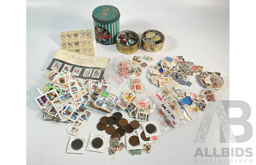 Collection of International Stamps and Australian Pennies Including Australian Predecimal, Canada, USA, United Kingdom,