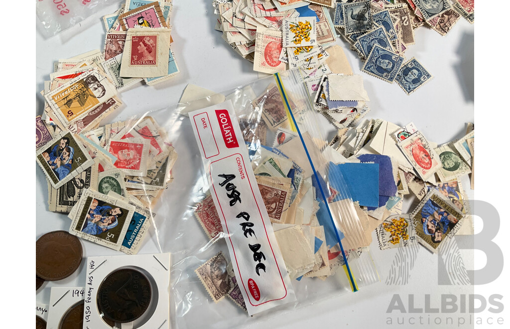 Collection of International Stamps and Australian Pennies Including Australian Predecimal, Canada, USA, United Kingdom,