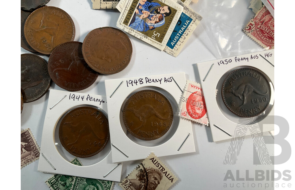 Collection of International Stamps and Australian Pennies Including Australian Predecimal, Canada, USA, United Kingdom,