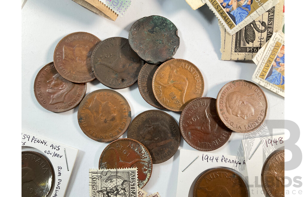 Collection of International Stamps and Australian Pennies Including Australian Predecimal, Canada, USA, United Kingdom,