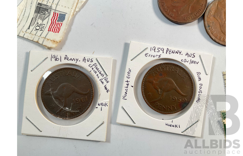 Collection of International Stamps and Australian Pennies Including Australian Predecimal, Canada, USA, United Kingdom,