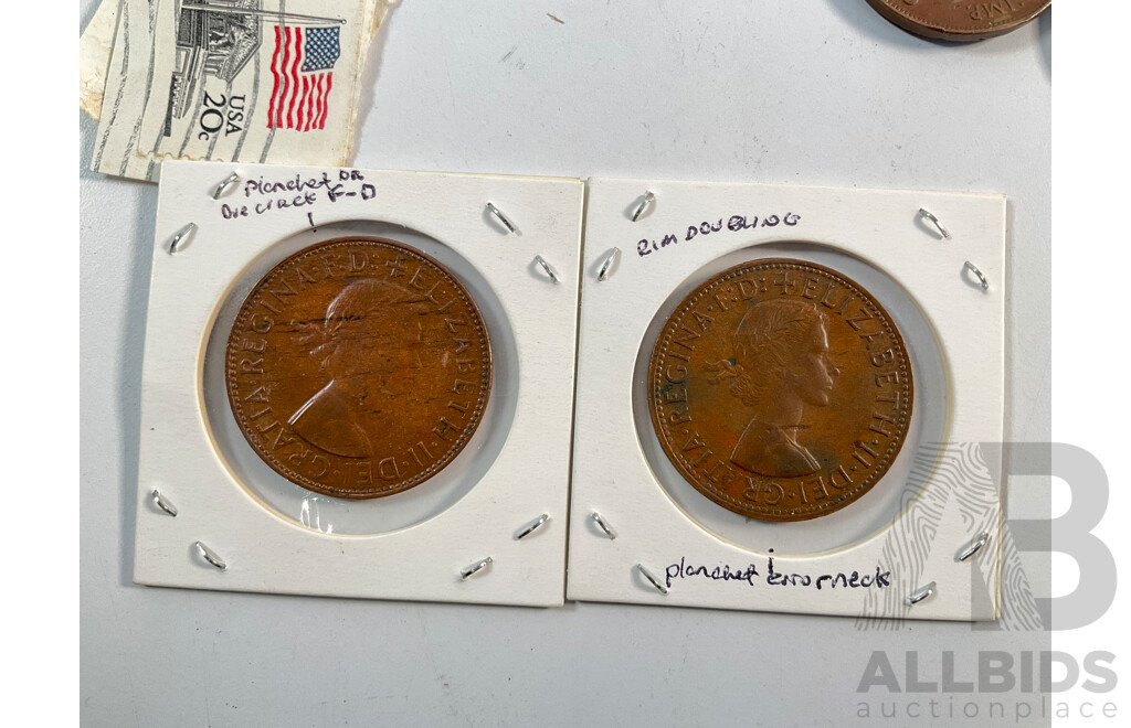 Collection of International Stamps and Australian Pennies Including Australian Predecimal, Canada, USA, United Kingdom,