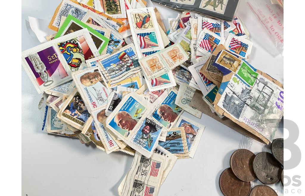 Collection of International Stamps and Australian Pennies Including Australian Predecimal, Canada, USA, United Kingdom,
