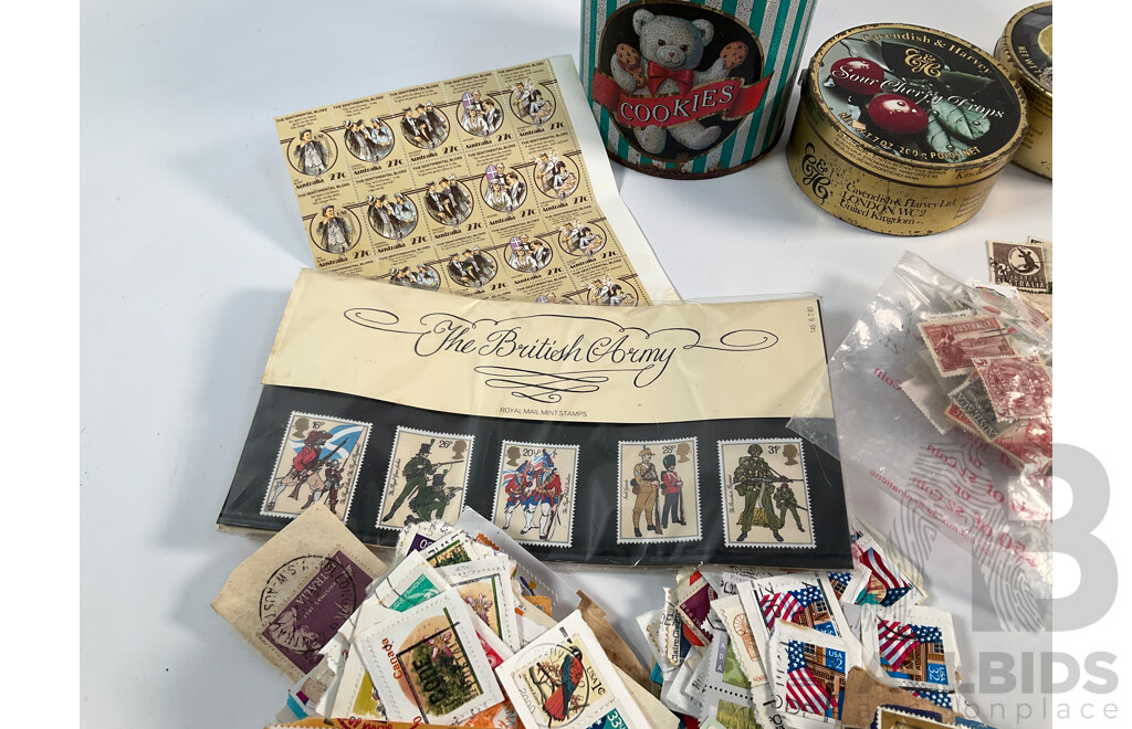 Collection of International Stamps and Australian Pennies Including Australian Predecimal, Canada, USA, United Kingdom,