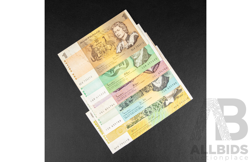 Five Australian Banknotes Including 1991 Fifty Dollars, Fraser/Cole, 1983 Ten Dollars Johnston/Stone, 1985 Five and Two Dollars Dollars Johnston/Fraser, 1982 One Dollar Johnston/Stone