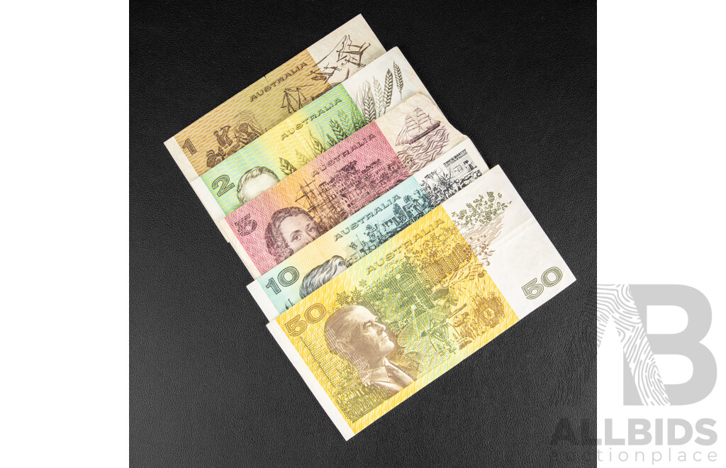 Five Australian Banknotes Including 1991 Fifty Dollars, Fraser/Cole, 1983 Ten Dollars Johnston/Stone, 1985 Five and Two Dollars Dollars Johnston/Fraser, 1982 One Dollar Johnston/Stone