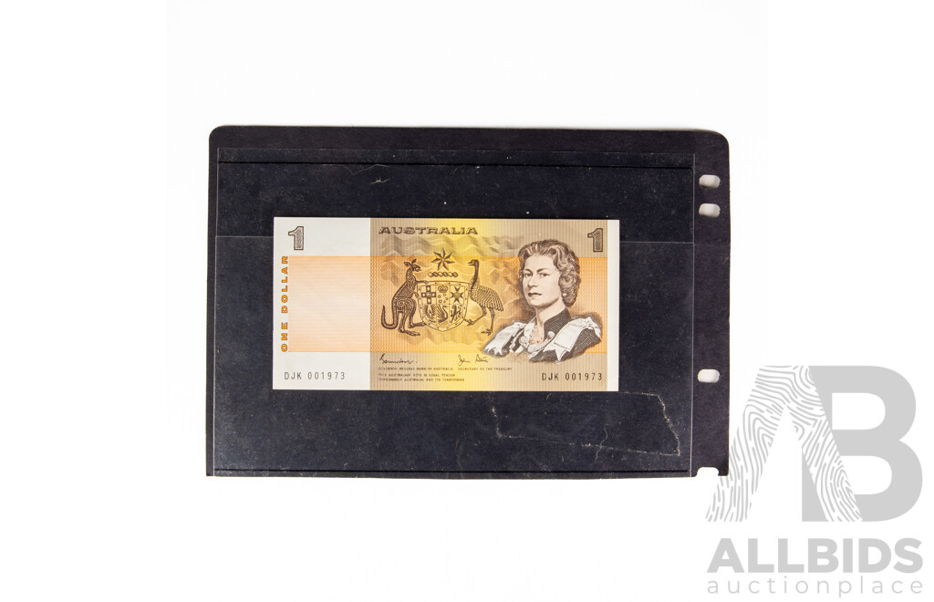 Australian 1982 UNC One Dollar Johnston/Stone, Low Serial DJK 001973
