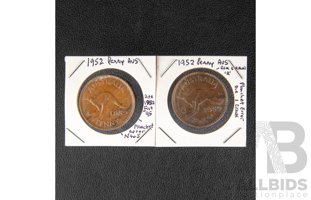 Australian 1952 Error Pennies Including Planchet/Rim Error and Diecrack