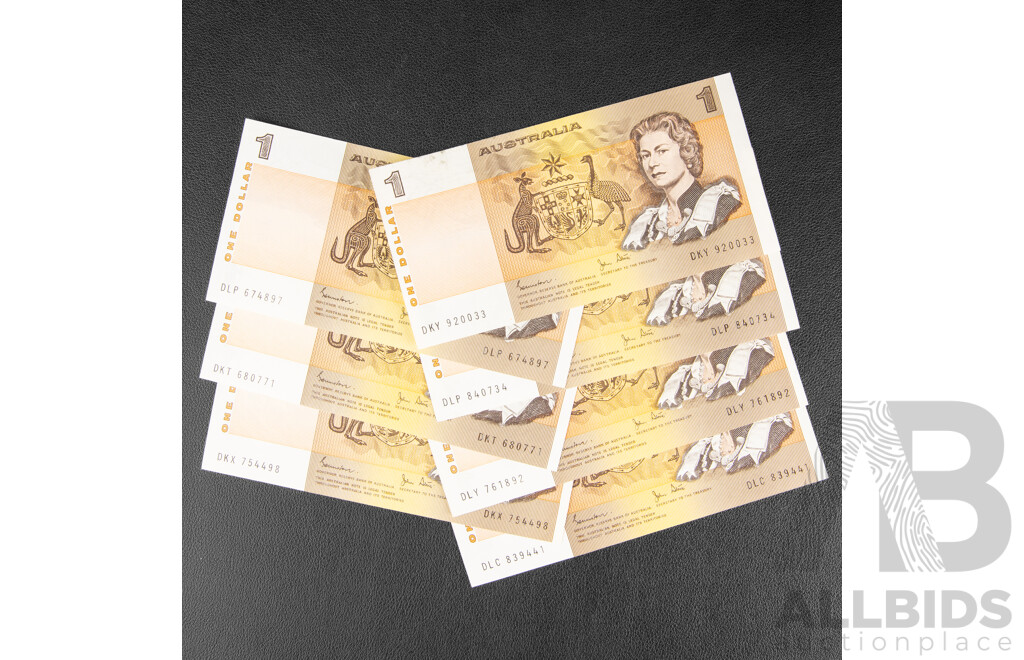 Seven Australian 1982 One Dollar Notes, Johnson/Stone with Security Thread Variations