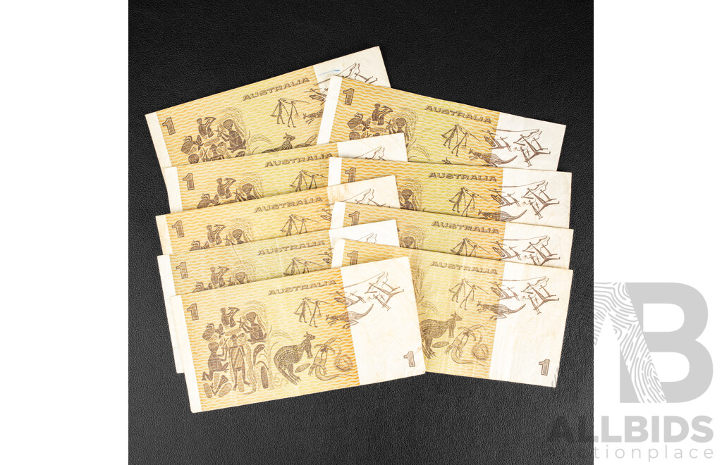 Nine Australian One Dollar Notes with Security Thread Variations Including Six 1982 Johnston/Stone, Three 1979 Knight/Stone