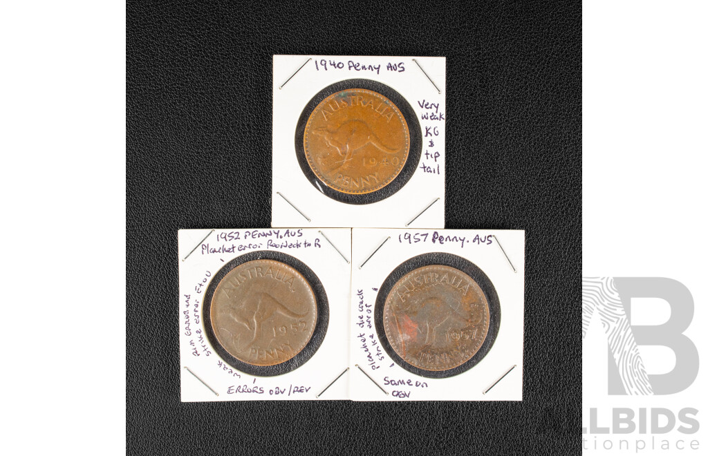 Australian 1957, 1952, 1940 Pennies with Planchet and Weak Strike Errors