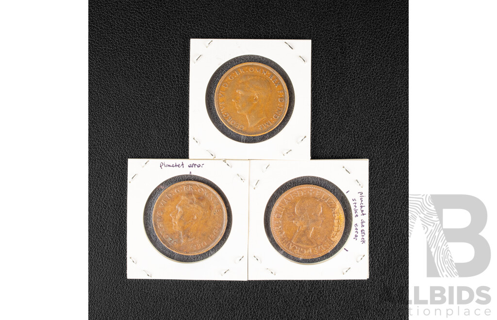 Australian 1957, 1952, 1940 Pennies with Planchet and Weak Strike Errors
