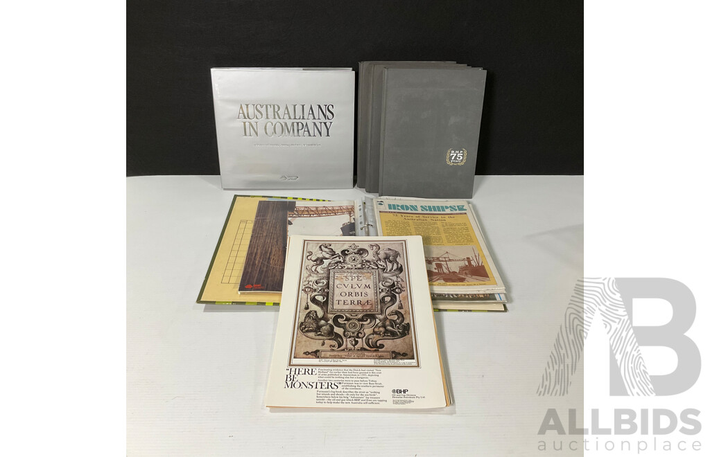 Collection of Books and Articles Relating to B.H.P Including Australians in Company, BHP in It's 100th Year, Three B.H.P 75 Years Hard Cover Books and More