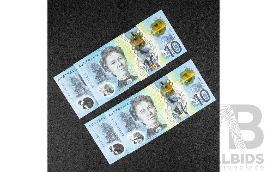 Four Australian UNC Ten Dollar Notes, Two 2017 Lowe/Fraser First Prefix Consecutive AA174480473 - AA174480474 and Two 2017 Lowe/Fraser, Consecutive DF173149191 - DF173149192