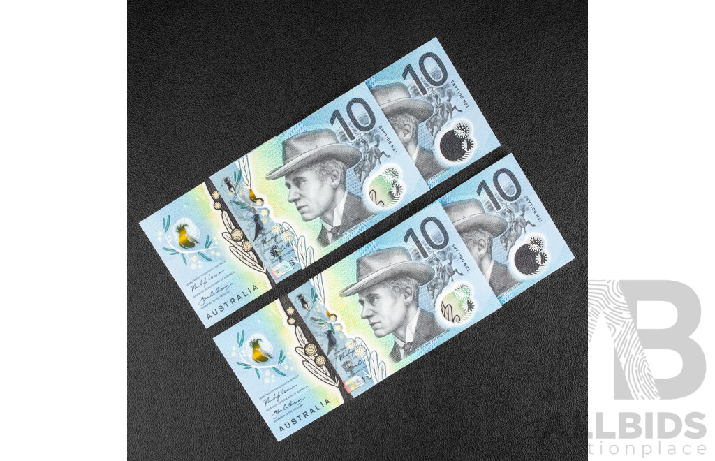 Four Australian UNC Ten Dollar Notes, Two 2017 Lowe/Fraser First Prefix Consecutive AA174480473 - AA174480474 and Two 2017 Lowe/Fraser, Consecutive DF173149191 - DF173149192