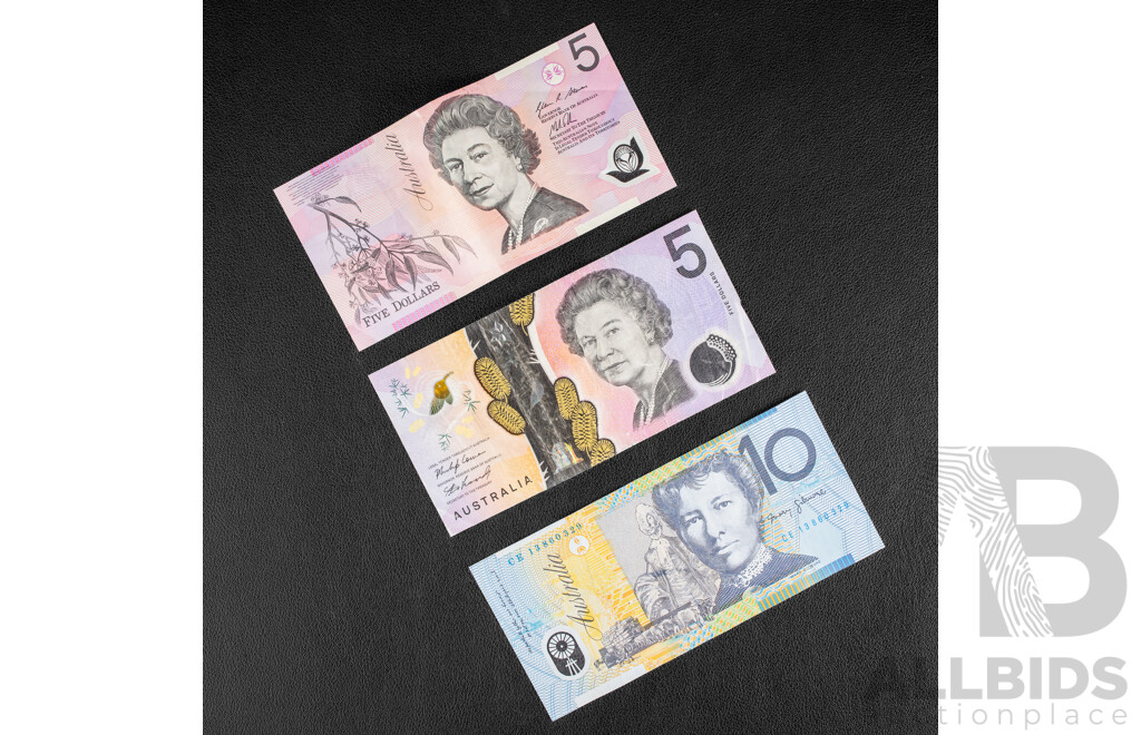 Three Australian Banknotes Including Five Dollars 2013 Stevens/Parkinson First Prefix BA13581054, 2019 Seven Digit Radar Serial BC 190075700, 2013 Ten Dollar