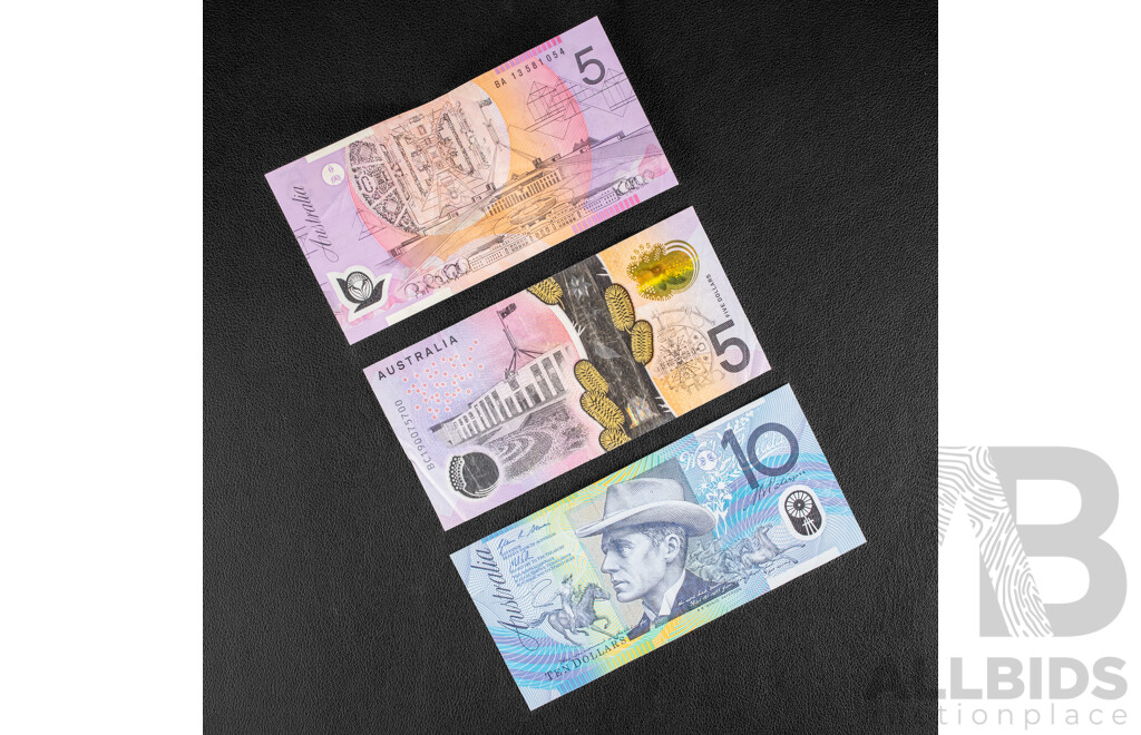 Three Australian Banknotes Including Five Dollars 2013 Stevens/Parkinson First Prefix BA13581054, 2019 Seven Digit Radar Serial BC 190075700, 2013 Ten Dollar