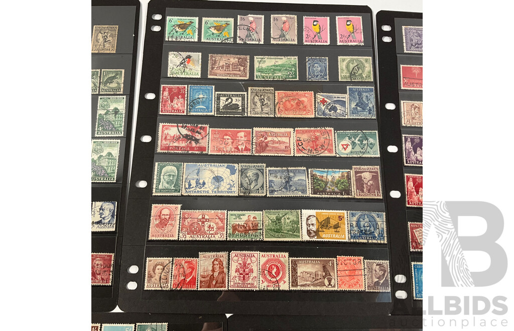 Collection of Australian Predecimal Stamps Including Kookaburras, Aboriginal Art, Antartic Territory
