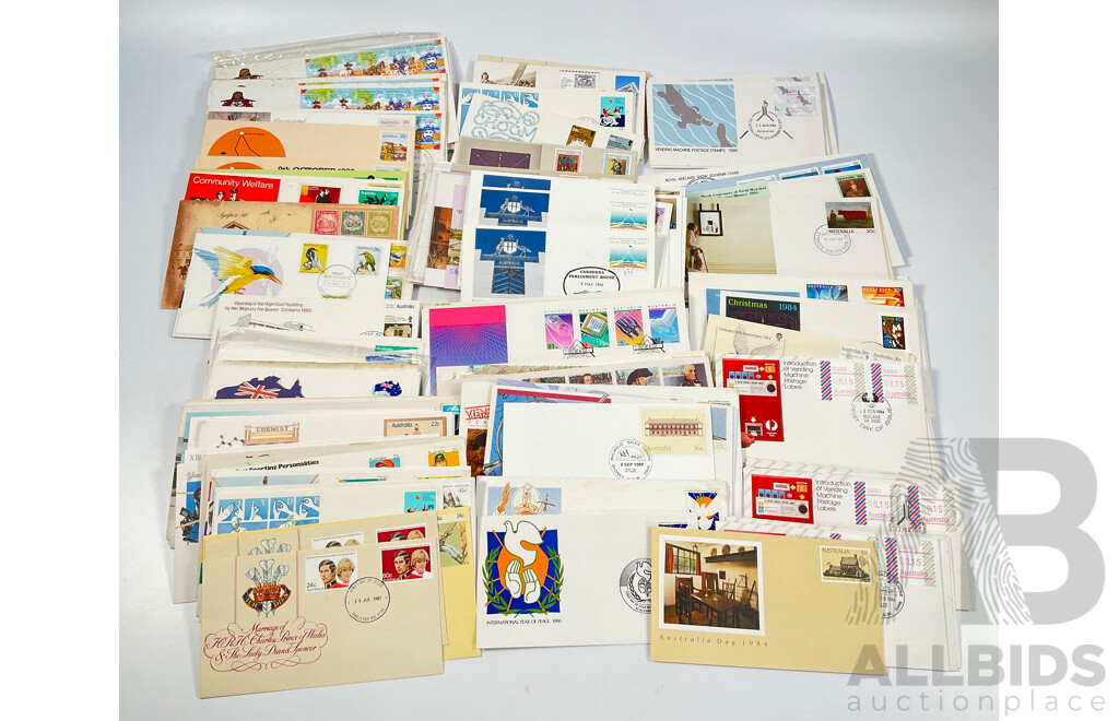 Australian 1980's First Day Covers Including Vending Machine Issues, Antarctic Scenes Series One, Parliament House Opening, Waltzing Matilda, Charles and Diana Wedding and More