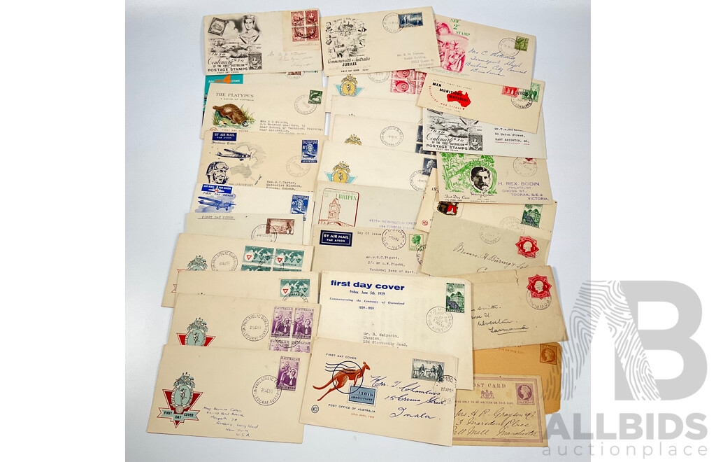 Australian First Day Covers Spanning 1917 to 1959 Including KGV, Australia's War Effort, Henry Lawson, B.O.A.C First London Sydney Flight, Two United Kingdom QV Post Cards