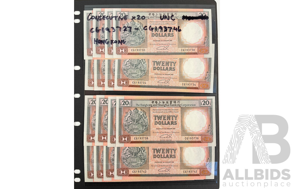 Sixteen Hong Kong 1991 Twenty Dollar Banknotes, Consecutive CGI 193727 - CGI 193742