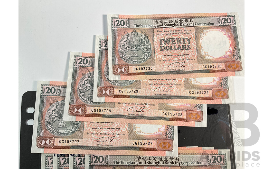 Sixteen Hong Kong 1991 Twenty Dollar Banknotes, Consecutive CGI 193727 - CGI 193742