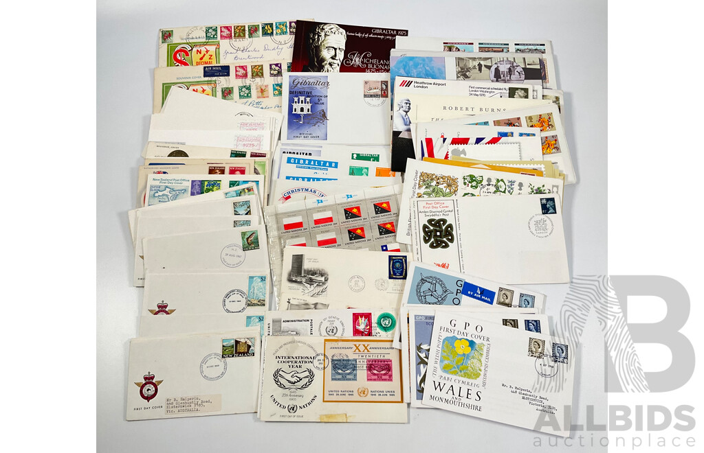 Collection of Vintage International First Day Covers Including United Kingdom, Wales, United Nations, Gibraltar, Sevilla, New Zealand