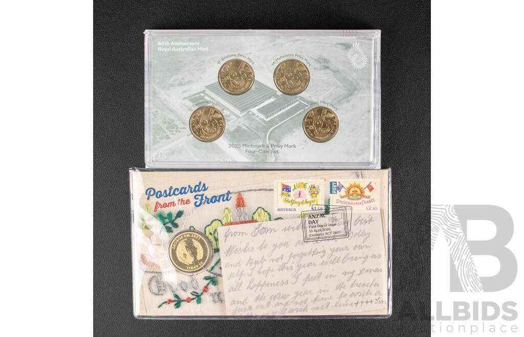 Royal Australian Mint 2025 60th Anniversary Four Coin Set, Mint Marked and Privy Marked with 2025 Postcards From the Front PNC