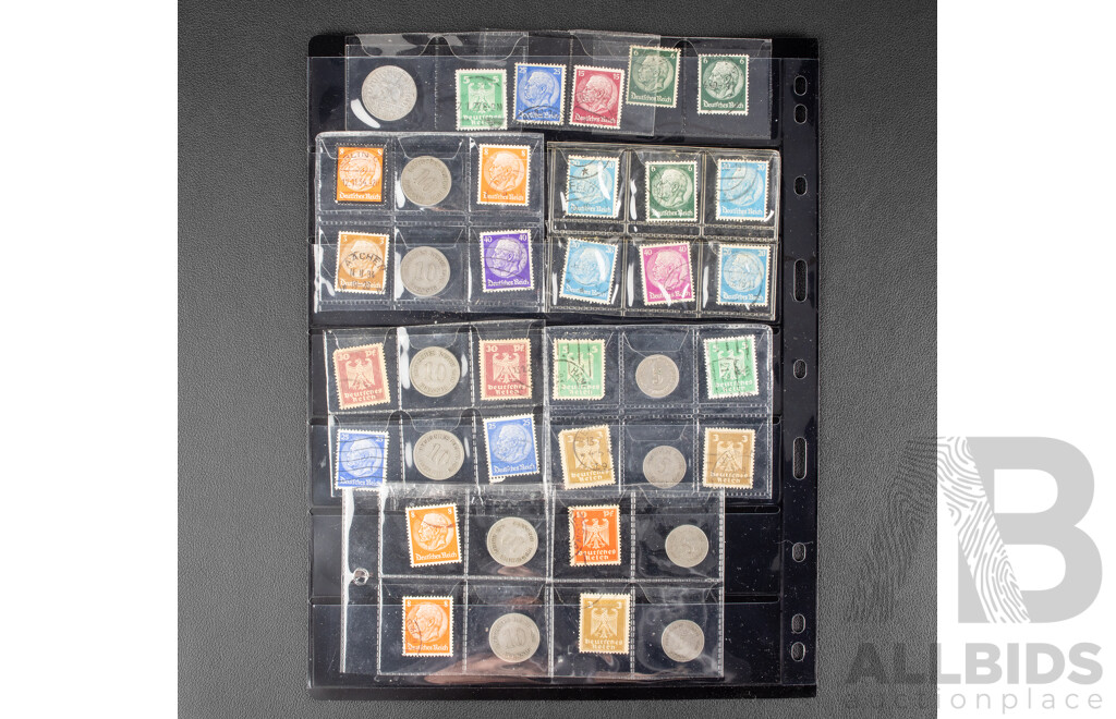 Collection of Vintage German Coins and Stamps Spanning 1870's to 1940's Including Five, Ten, Fifty Pfennig, Hindenburg, Overprints