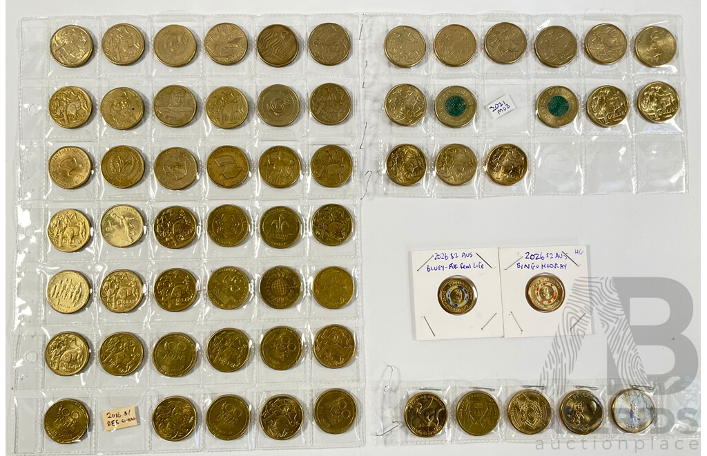 Australian Set of Fifty Five Circulating One Dollar Coins, Consecutive 1984 to 2026, Lacking 2021 Mob of Roos and 2016 Fifty Years Decimal Currency with Two 2026 Two Dollar Coins, Bluey for Real Life and Bingo/Hooray