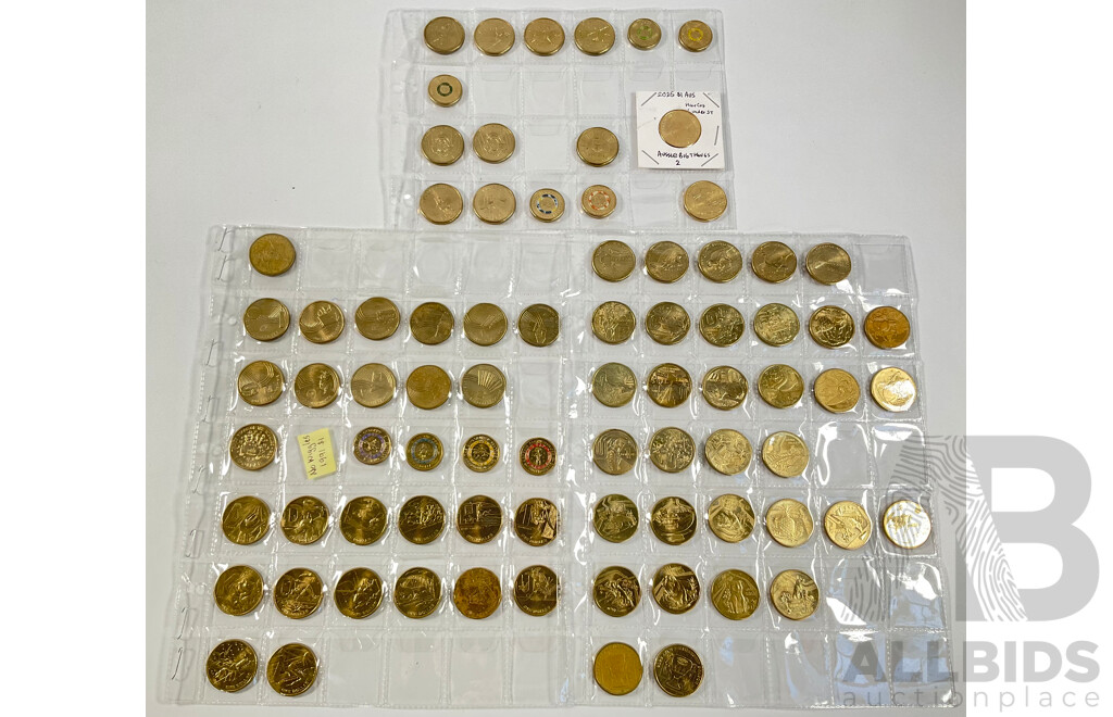 Collection of Australian Commemorative One and Two Dollar Coins Spanning 2017 to 2026 Including Eleven 2019 Coin Hunt, Fourteen 2021 Coin Hunt, Sixteen 2022 Coin Hunt, Ten 2023 Aussie Big Things, 2023 Matildas Set and More