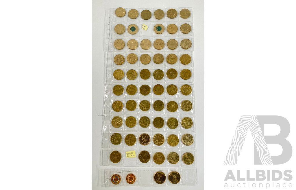 Australian Set of Fifty Five Circulating One Dollar Coins, Consecutive 1984 to 2026, Lacking 2021 Mob of Roos and 2016 Fifty Years Decimal Currency with Two 2026 Two Dollar Coins, Bluey for Real Life and Bingo/Hooray