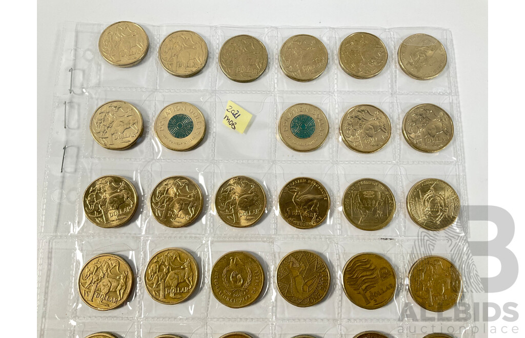 Australian Set of Fifty Five Circulating One Dollar Coins, Consecutive 1984 to 2026, Lacking 2021 Mob of Roos and 2016 Fifty Years Decimal Currency with Two 2026 Two Dollar Coins, Bluey for Real Life and Bingo/Hooray