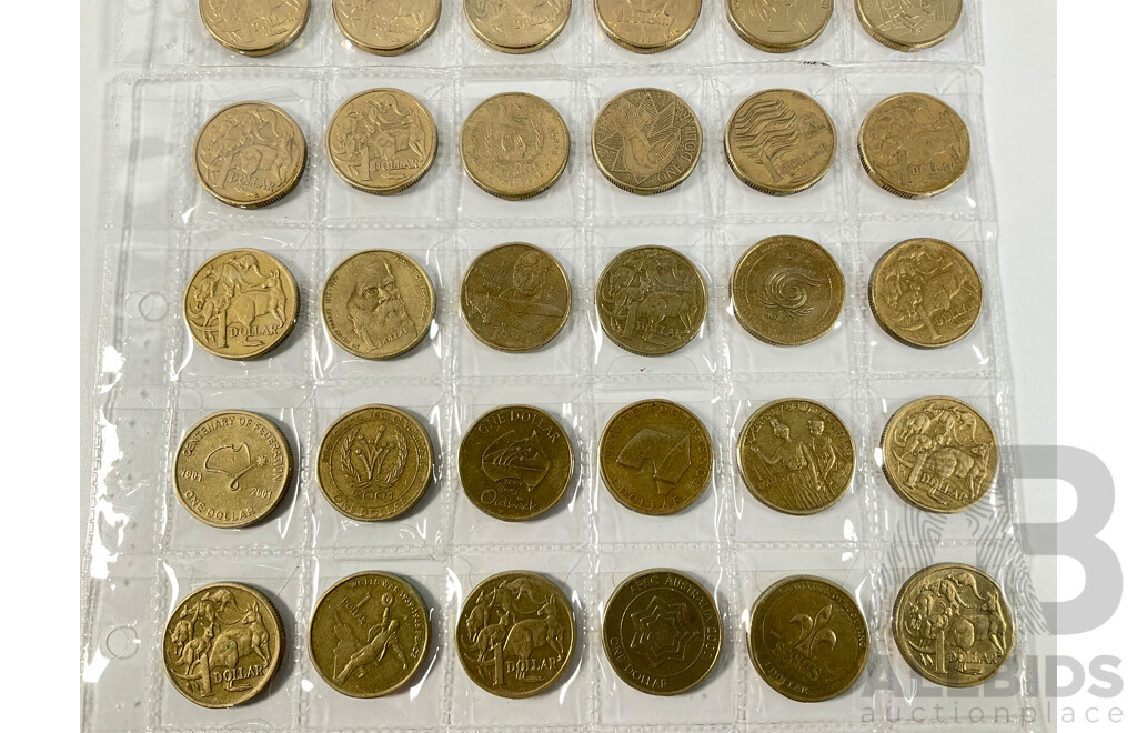 Australian Set of Fifty Five Circulating One Dollar Coins, Consecutive 1984 to 2026, Lacking 2021 Mob of Roos and 2016 Fifty Years Decimal Currency with Two 2026 Two Dollar Coins, Bluey for Real Life and Bingo/Hooray