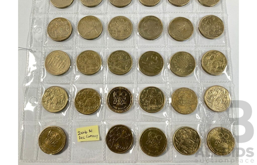 Australian Set of Fifty Five Circulating One Dollar Coins, Consecutive 1984 to 2026, Lacking 2021 Mob of Roos and 2016 Fifty Years Decimal Currency with Two 2026 Two Dollar Coins, Bluey for Real Life and Bingo/Hooray