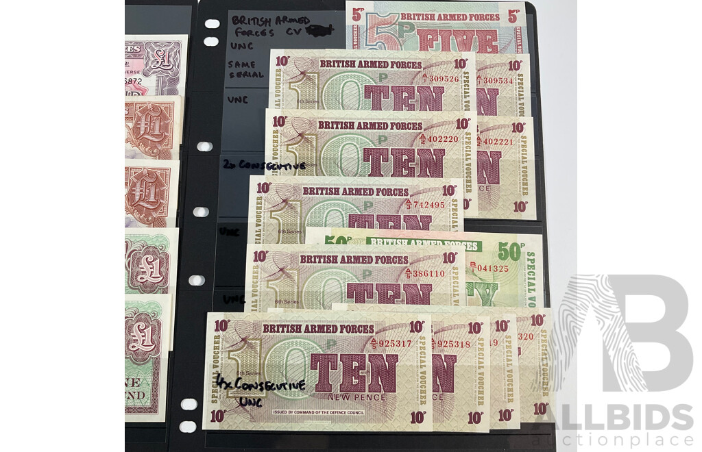 Collection of British Armed Forces Banknotes Including Consecutive and UNC