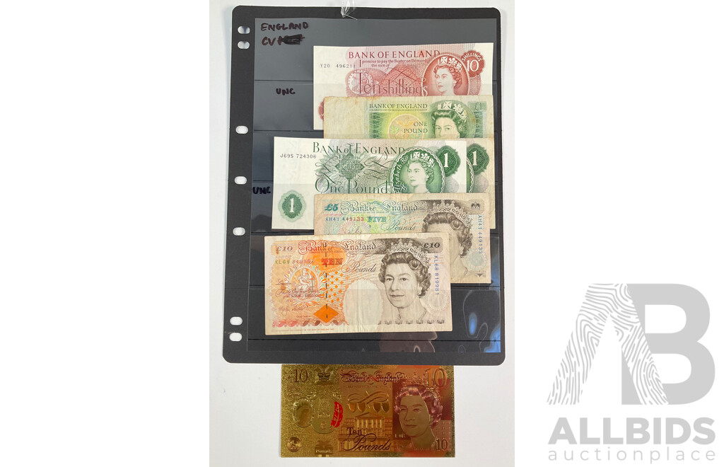 Collection of United Kingdom Banknotes Including Ten Shilling, One, Five and Ten Pound with Gold Plated Example