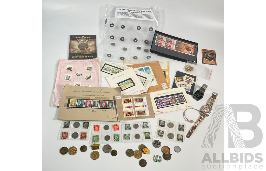 Assortment of Coins and Stamps Including German 1930's Coins and Stamps, Australian Medallions, Mint AFL Stamps, Italian Phone Tokens, South Sumatra Pitis, USA Civil War Medallion, Vintage Wrist Watches and Bracelet